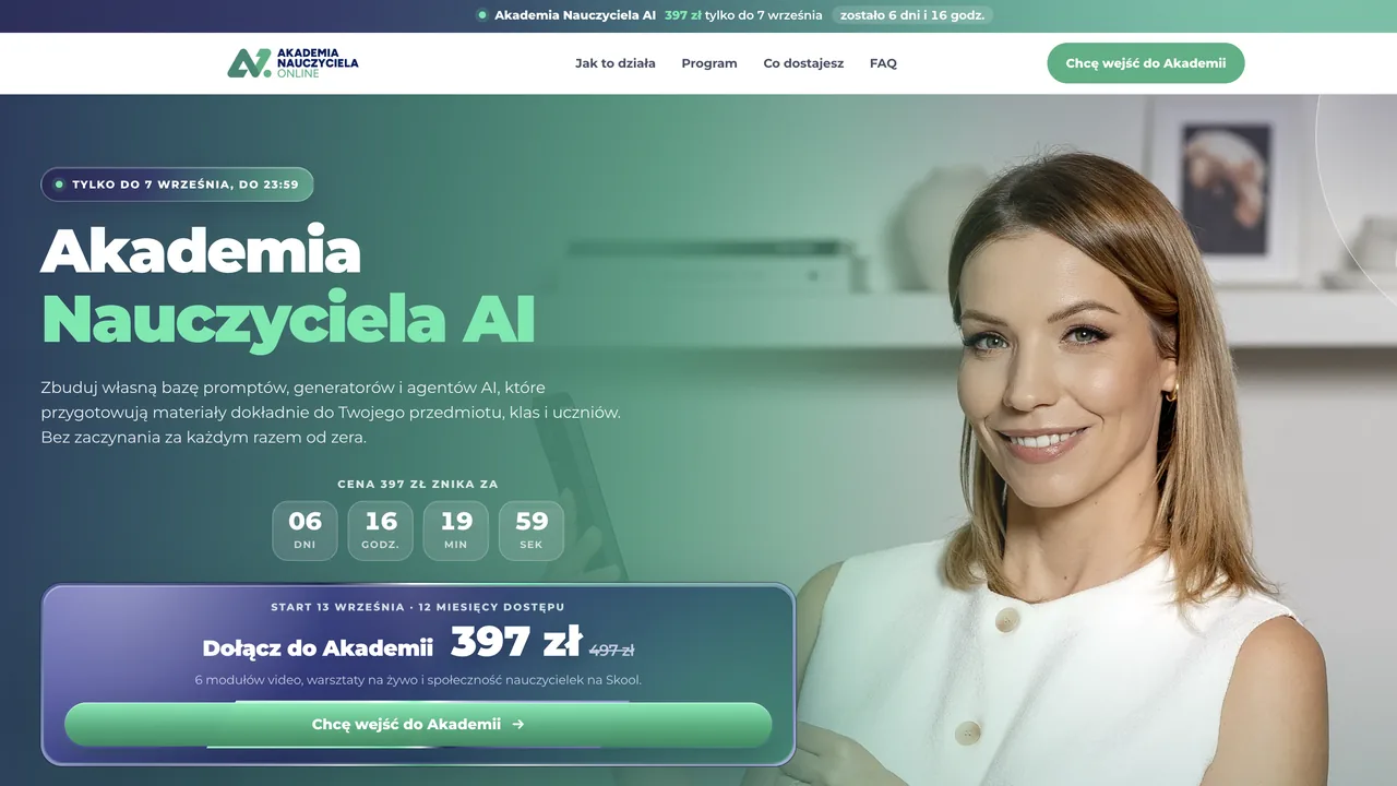 Strona Akademii Nauczyciela AI: zbuduj własną bazę promptów, generatorów i agentów AI